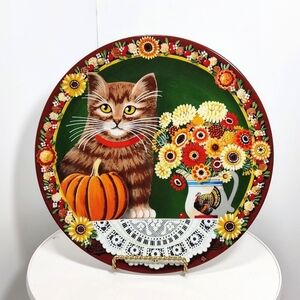 Vintage Plate Pumpkin Cat Holiday Fall Autumn Harvest 9.5" Germany Handcrafted